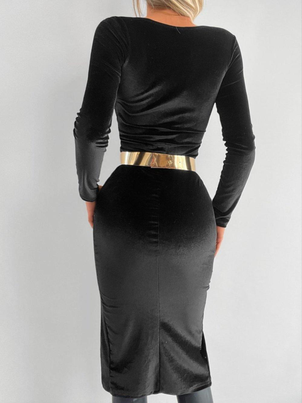 Fery Gold Kemer Detay Yırtmaçlı Kadife Elbise 581201 D-7 Siyah