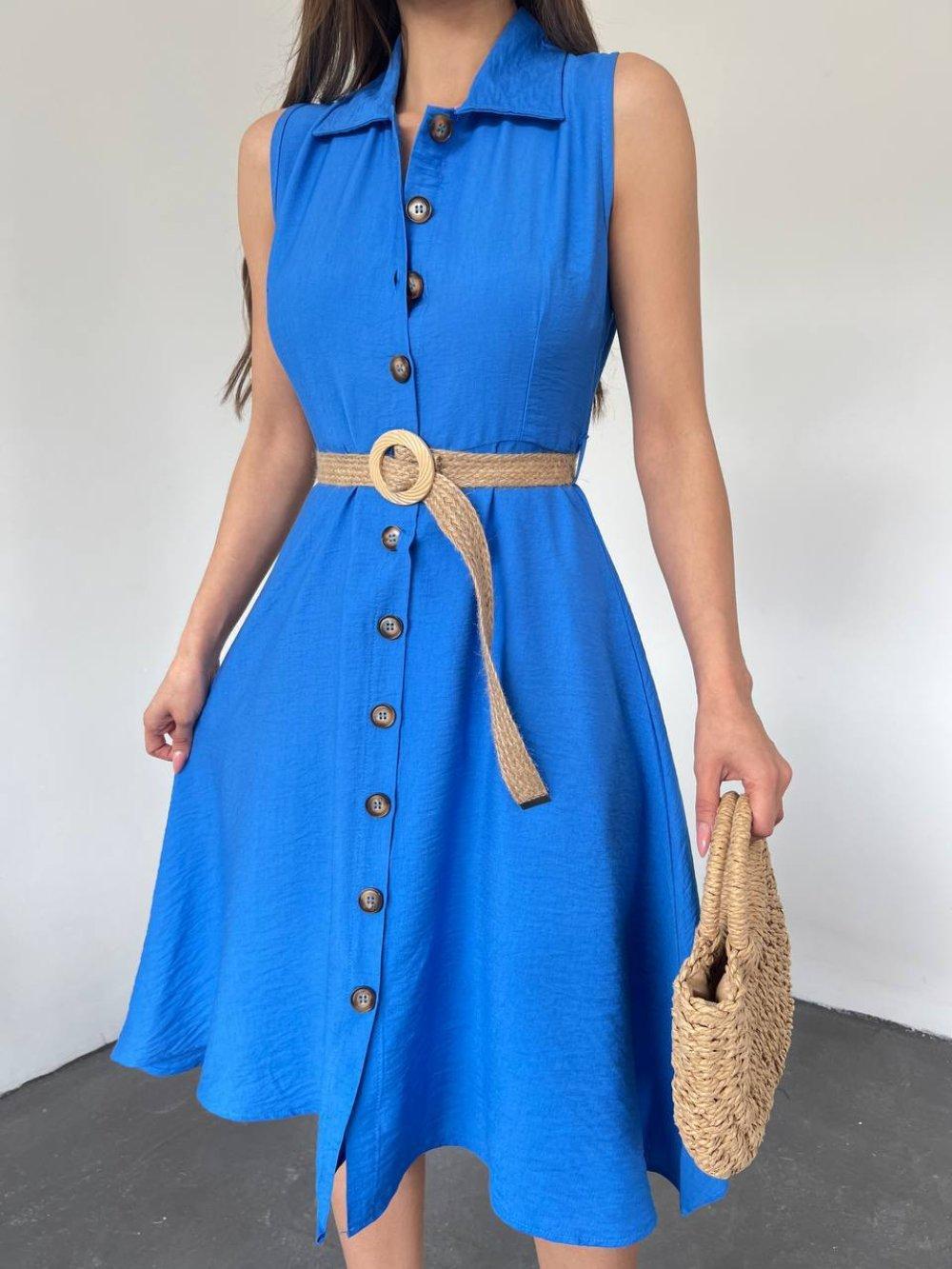 Hasır Kemerli Elbise 10449 Mavi