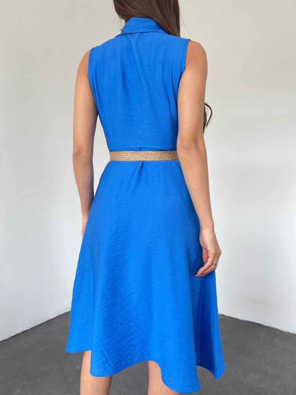 Hasır Kemerli Elbise 10449 Mavi