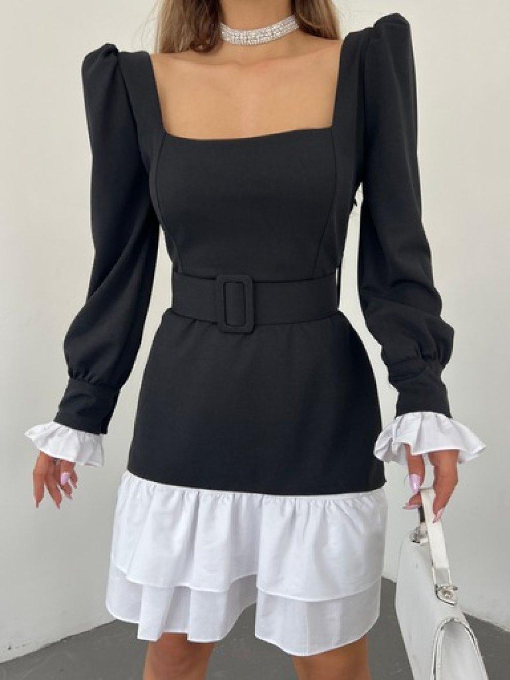 Kare Yaka Omuz Vatkalı Elbise 3776 Siyah
