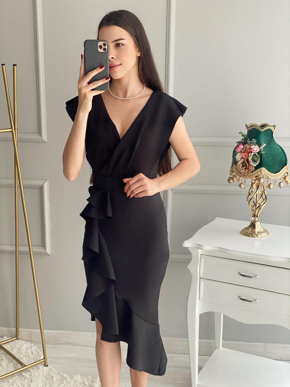 Kayık Yaka Eteği Volanlı Elbise 581663 F-7 Siyah