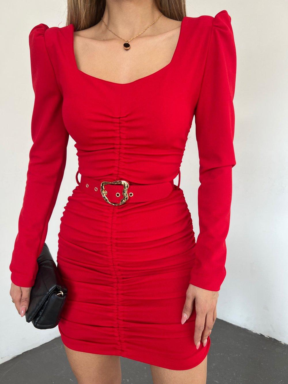Kemerli Drapeli Elbise 3772 Kırmızı