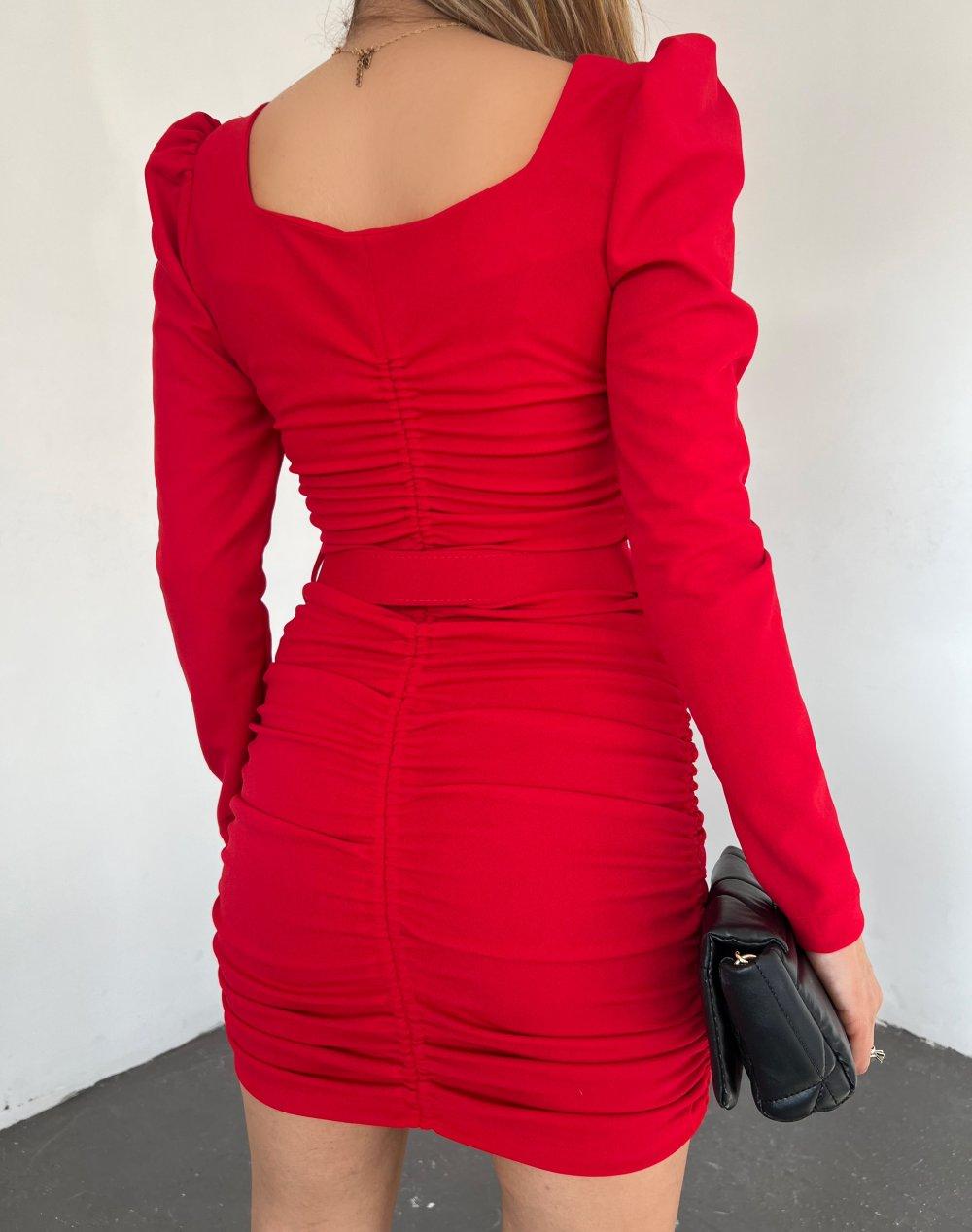 Kemerli Drapeli Elbise 3772 Kırmızı