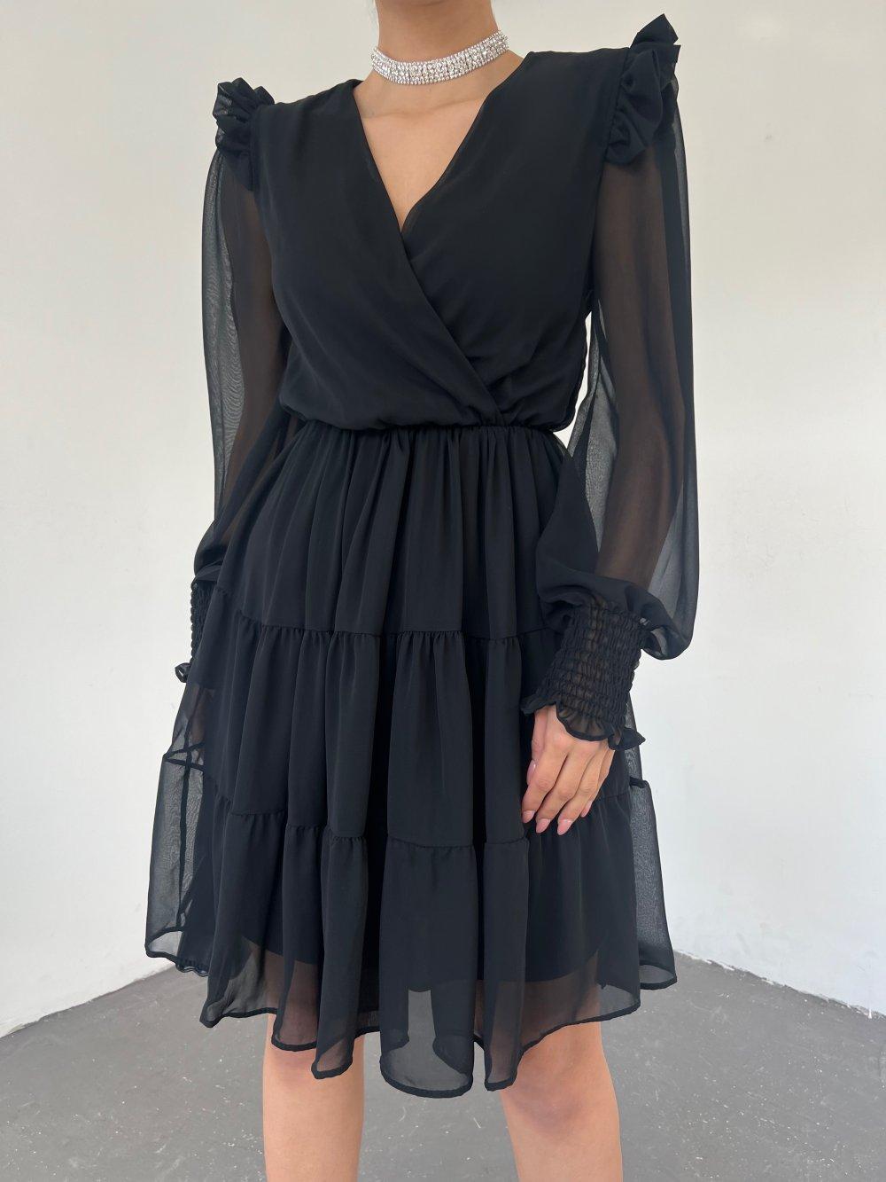Kol Fırfır Şifon Elbise 2846 Siyah