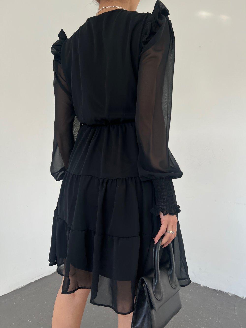 Kol Fırfır Şifon Elbise 2846 Siyah