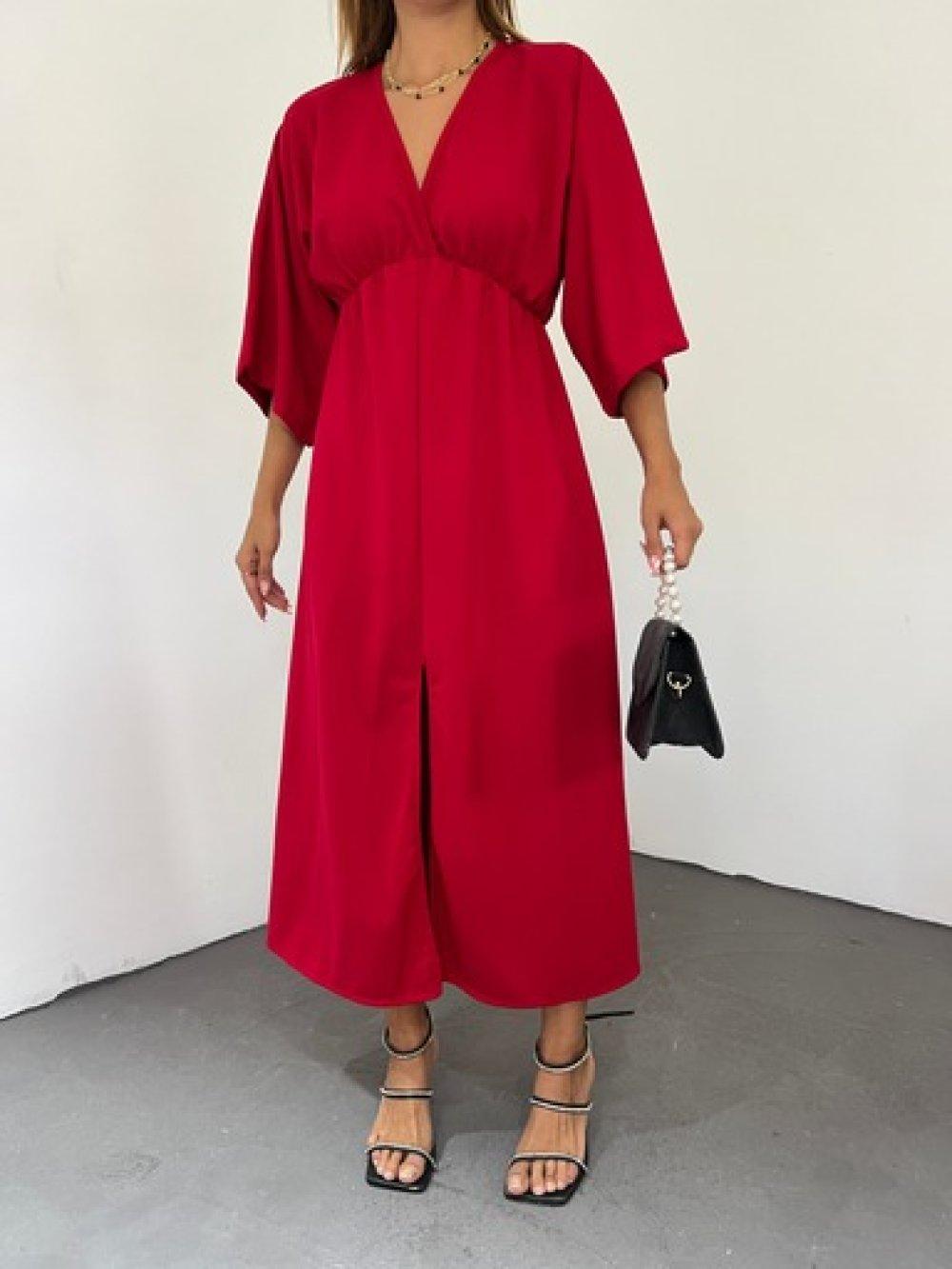 Kruvaze Yırtmaçlı Elbise 3027 Kırmızı