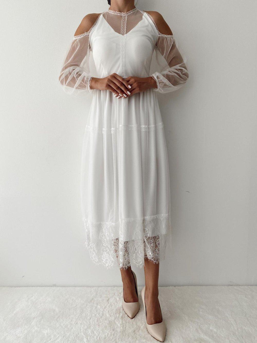 Lexi Dantel Detaylı Tasarım Elbise D-9 Beyaz