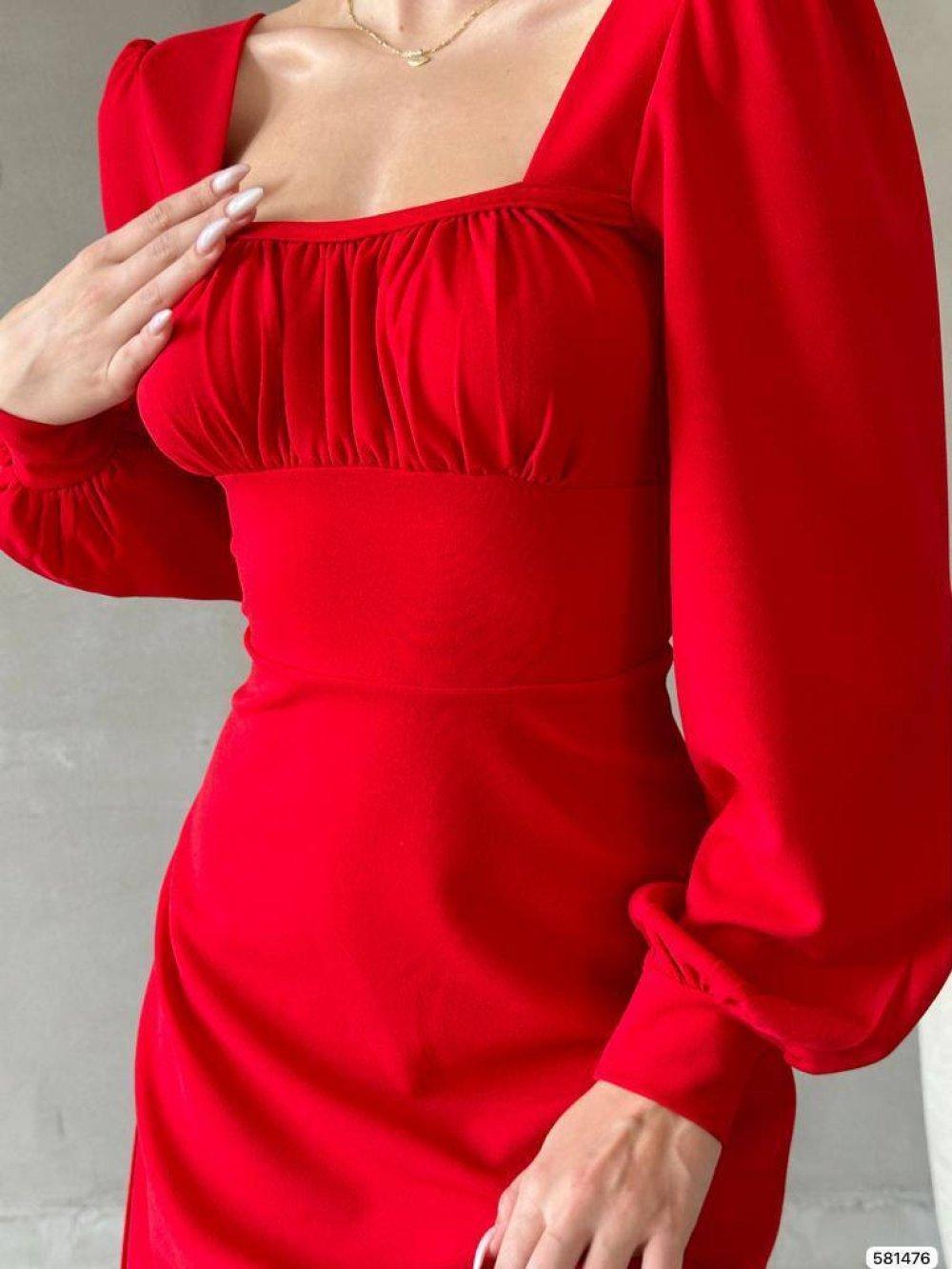 Margaret Kare Yaka Göğüs Drapeli Elbise 581476 Kırmızı