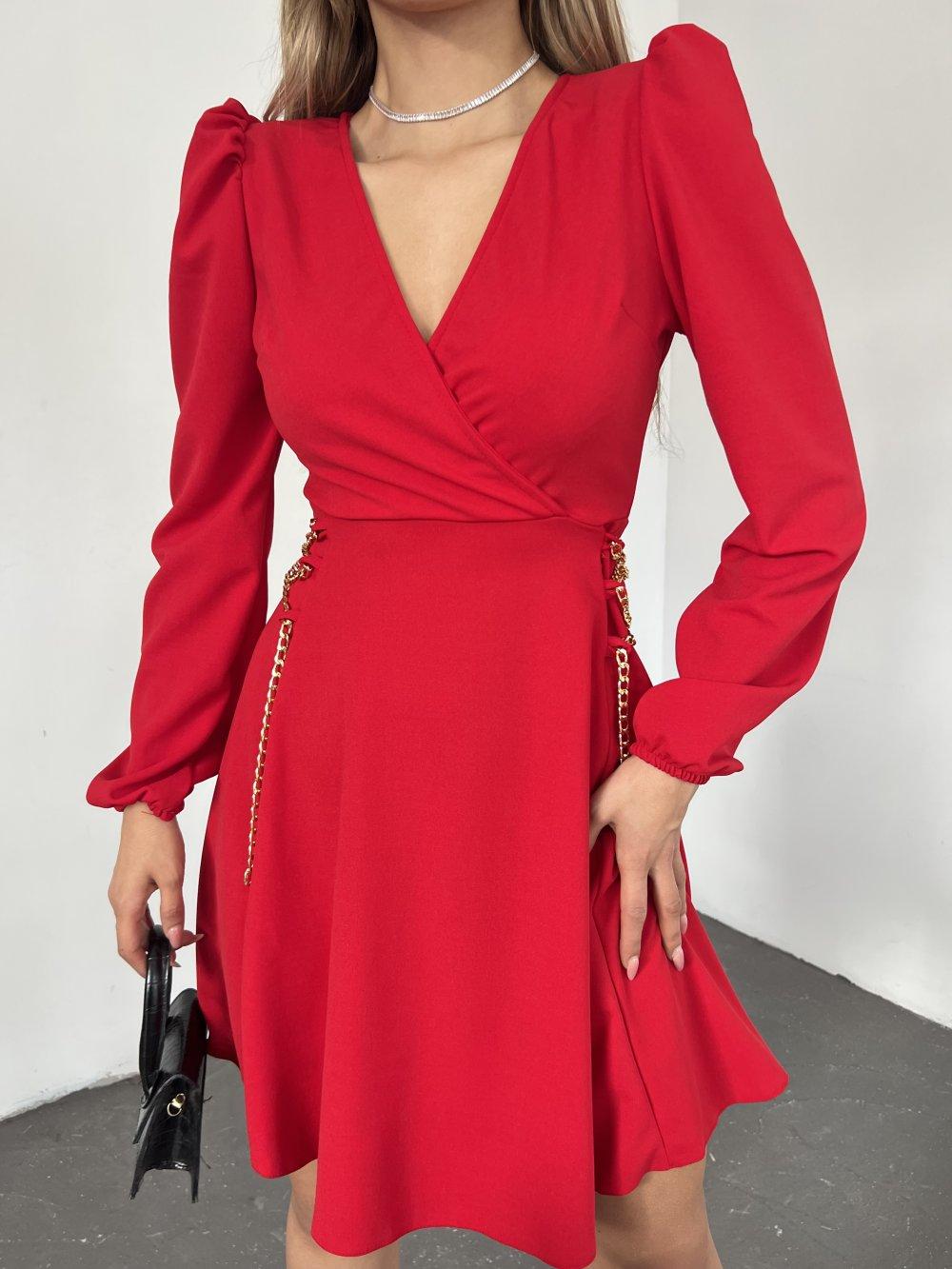 Matiz Zincir Detaylı Kruvaze Elbise 3779 Kırmızı