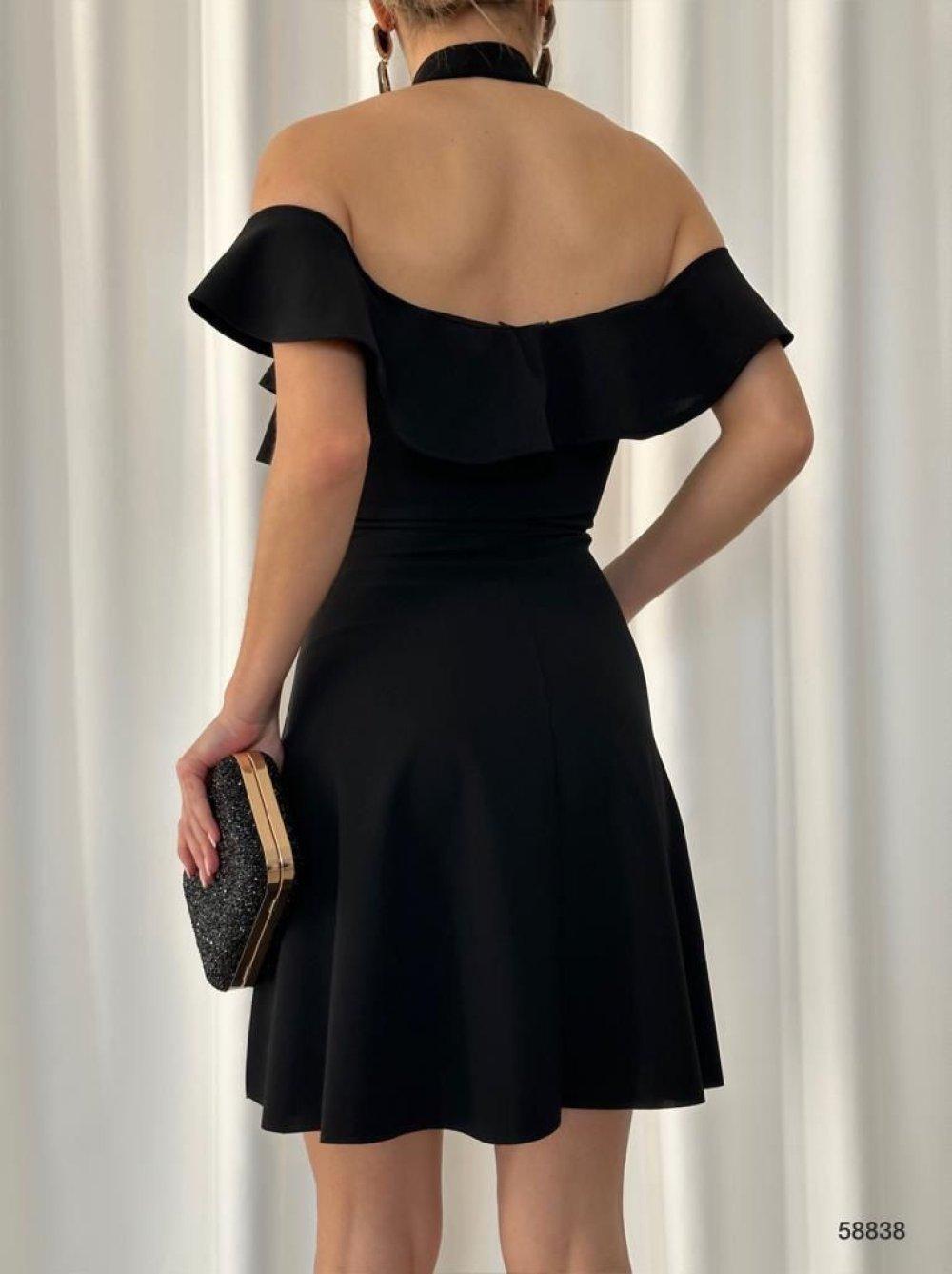 Matty Transparan Yaka Fırfırlı Elbise 58838 Siyah