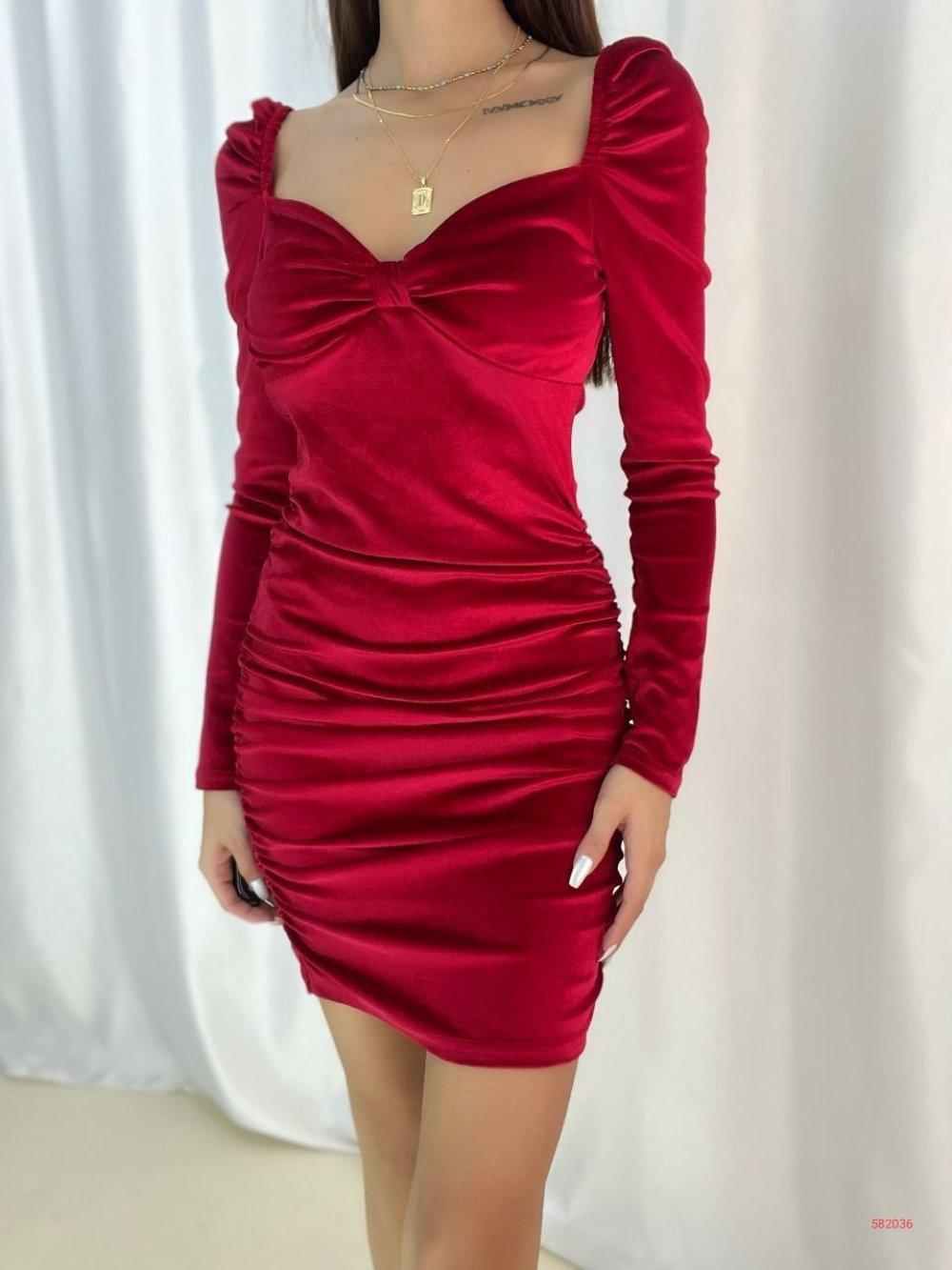 Morgan Gloplu Kadife Elbise 582036 Kırmızı
