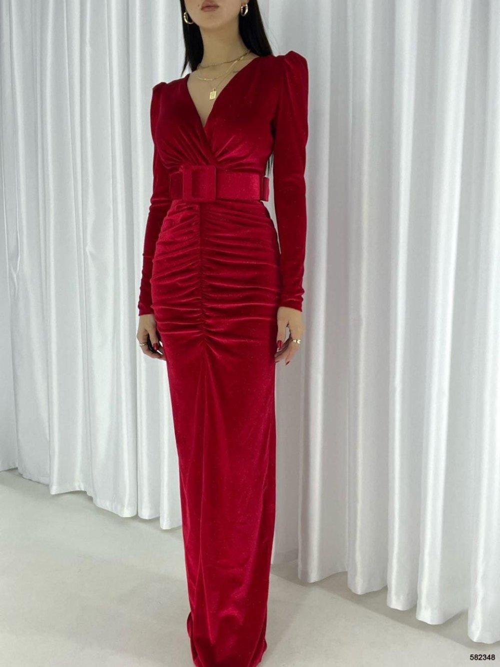 Quinn Kemer Detay Simli Kadife Elbise 582348 Kırmızı