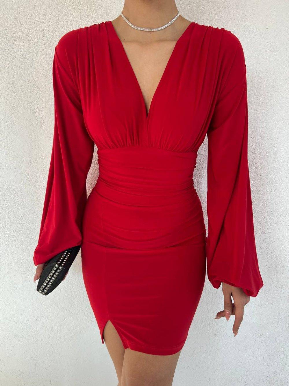 Sandy Göğüs Detay Elbise 10164 Kırmızı