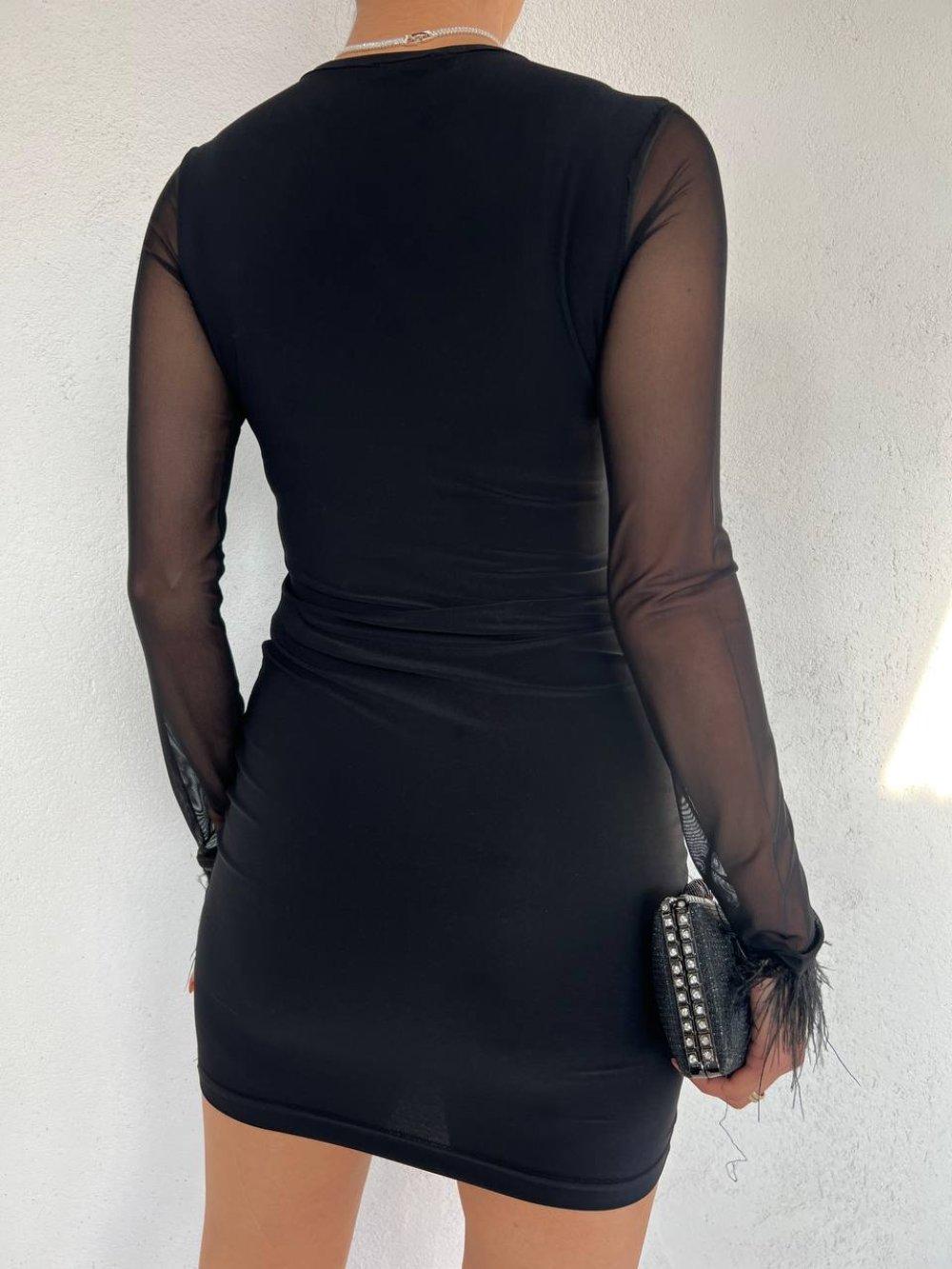 Sandy Kol Ağzı Tüylü Elbise 10193 Siyah