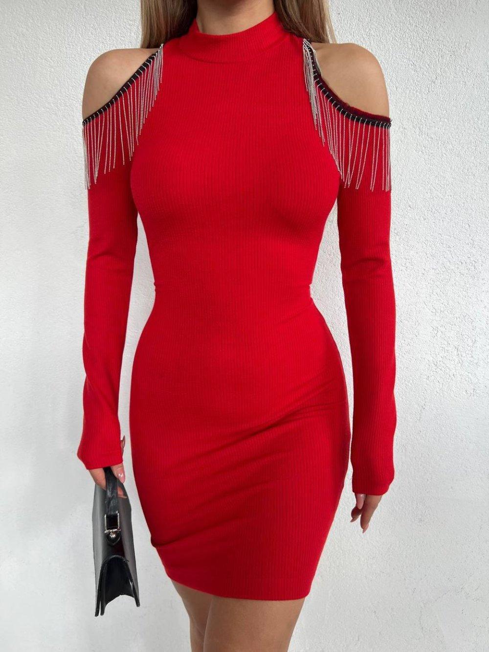 Sırtı Önü Saçaklı Elbise 10194 Kırmızı