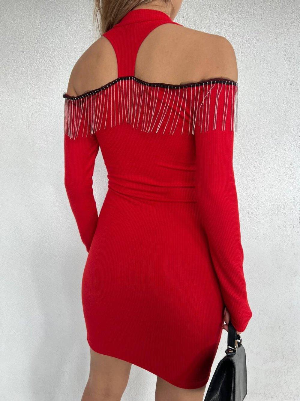 Sırtı Önü Saçaklı Elbise 10194 Kırmızı