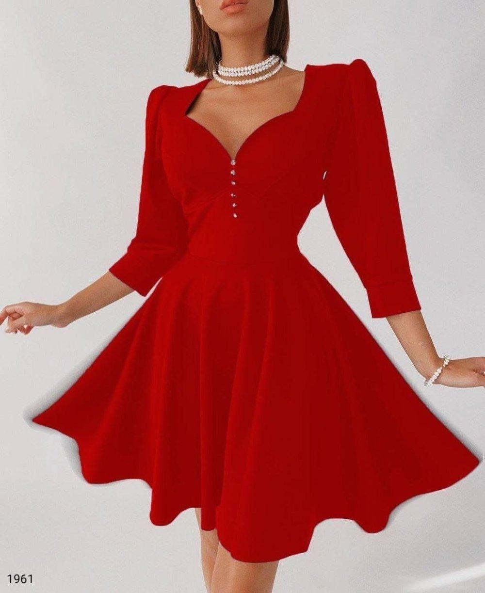 Tina Düğme Detay Kloş Elbise 581961 Kırmızı