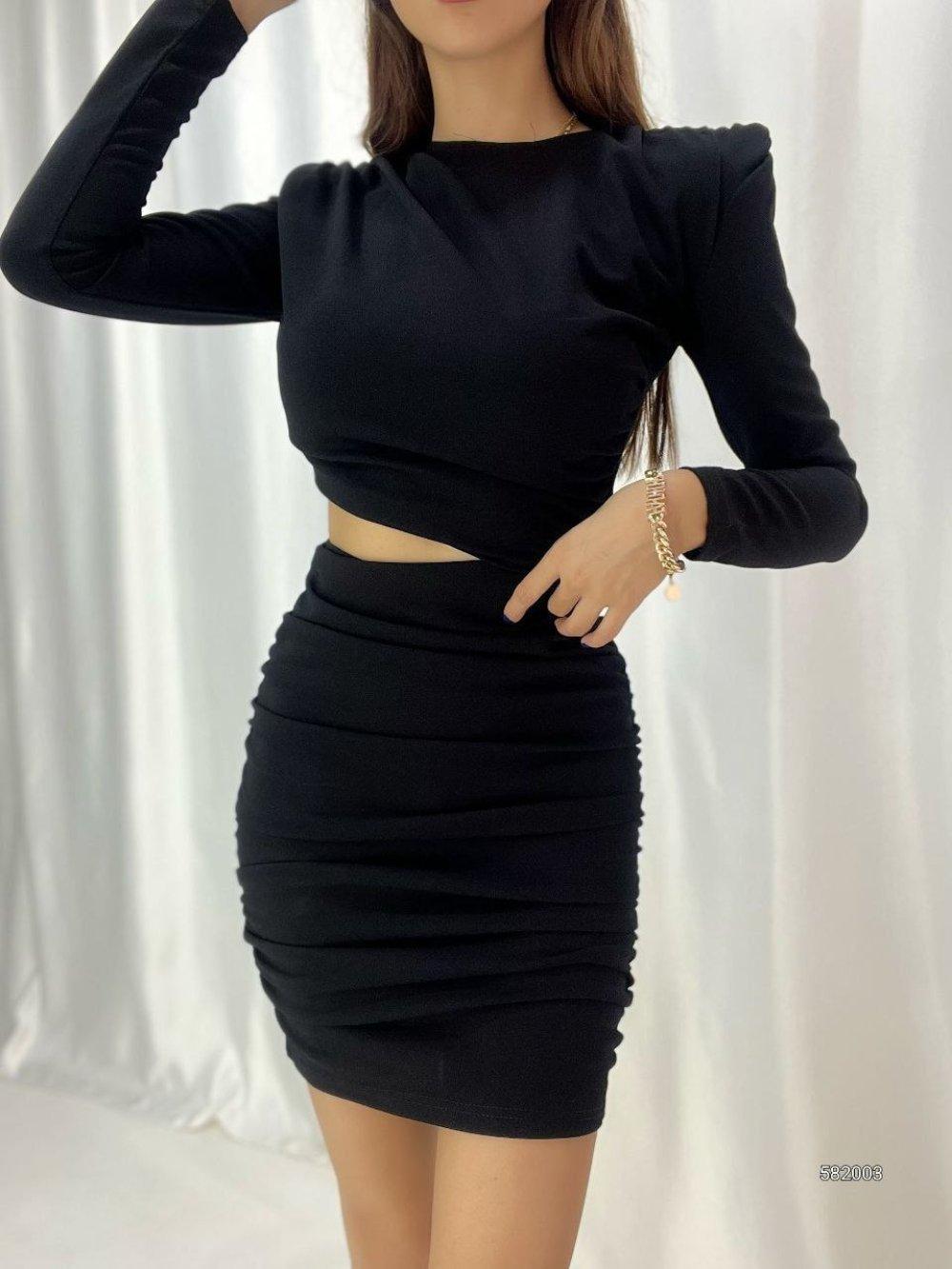 Vatka Detay Bel Dekolte Mini Elbise 582003 Siyah