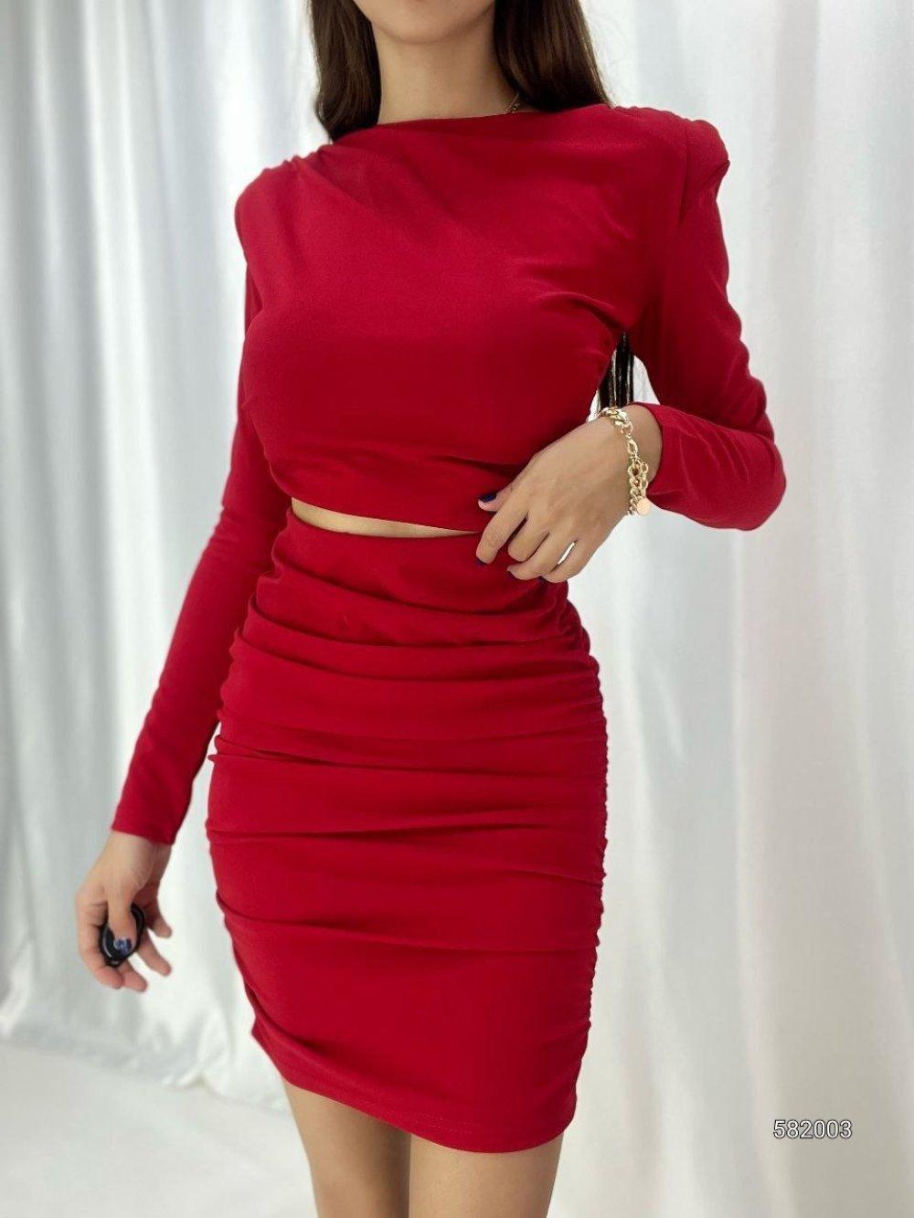 Vatka Detay Bel Dekolte Mini Elbise 582003 Kırmızı
