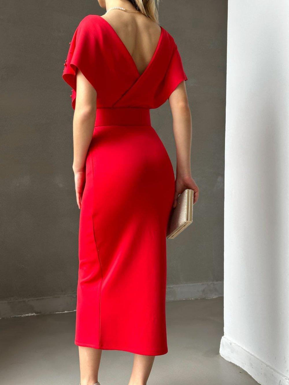 Viola İnci Detay Kemerli Elbise 582167 Kırmızı