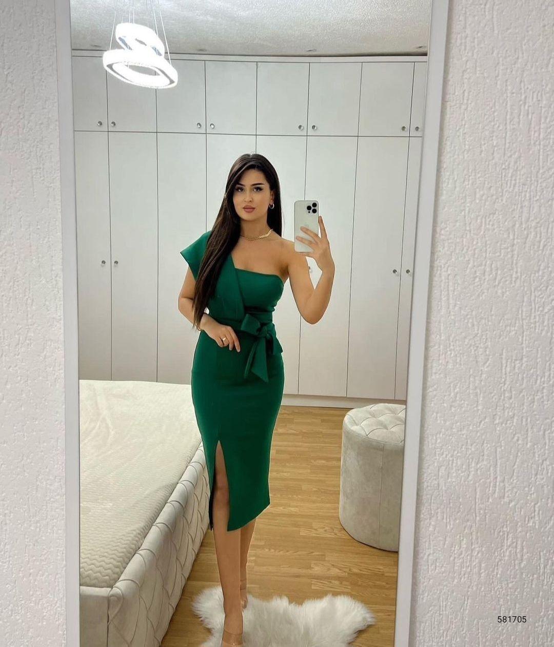 Bolero Kuşaklı Tek Omuz Yırtmaçlı Elbise 581705 Yeşil