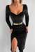 Fery Gold Kemer Detay Yırtmaçlı Kadife Elbise 581201 D-7 Siyah